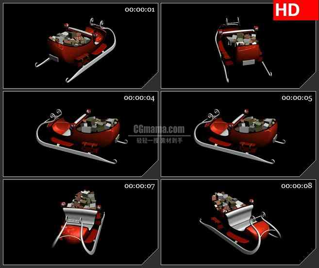 BG2249旋转的红色雪橇圣诞盒礼品三维动画合成素材动态LED高清视频背景素材