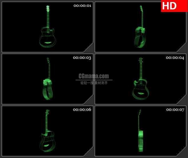 BG2272旋转的绿色透明吉他三维模型黑色背景带透明通道动态LED高清视频背景素材