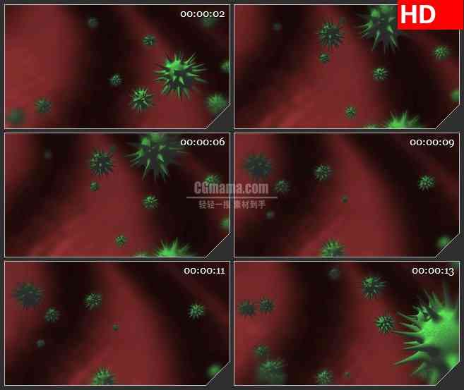 BG2458绿色刺球细菌旋转降落高清led大屏视频背景素材