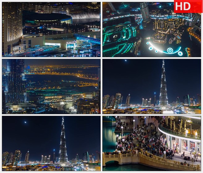 ZY1233阿联酋迪拜标志性建筑迪拜塔喷泉航拍夜景高清实拍视频素材