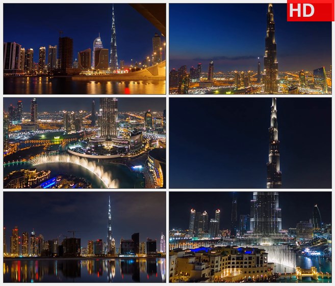 ZY1234阿联酋迪拜标志性建筑迪拜塔喷泉夜景航拍高清实拍视频素材