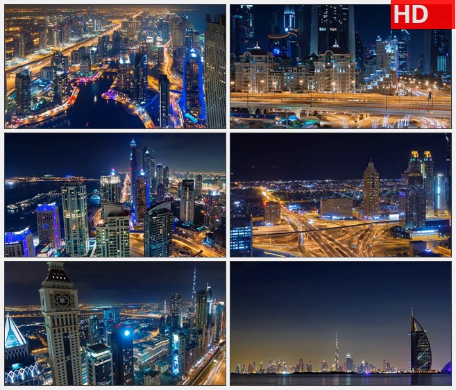 ZY1235阿联酋迪拜高楼建筑车流霓虹道路航拍夜景高清实拍视频素材
