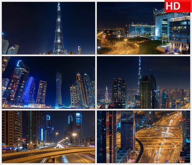 ZY1236阿联酋迪拜高楼建筑航拍夜景车流霓虹道路高清实拍视频素材