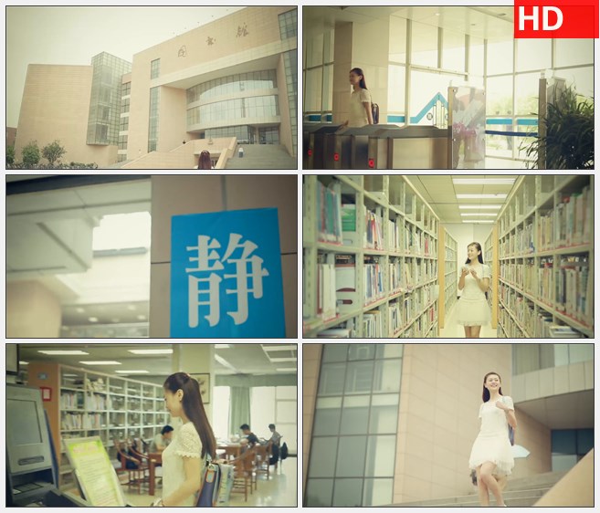 ZY1248白衣女孩用智能手机图书馆借阅借书高清实拍视频素材