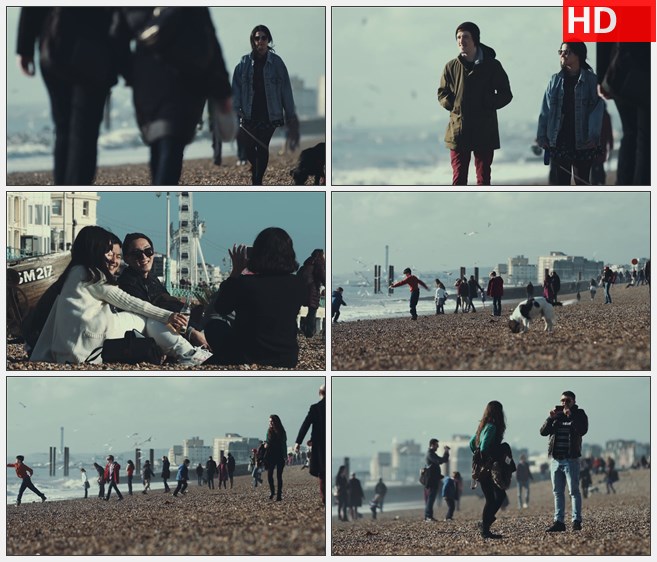 ZY1302国外海边海滩外国人散步遛狗情侣拍照高清实拍视频素材