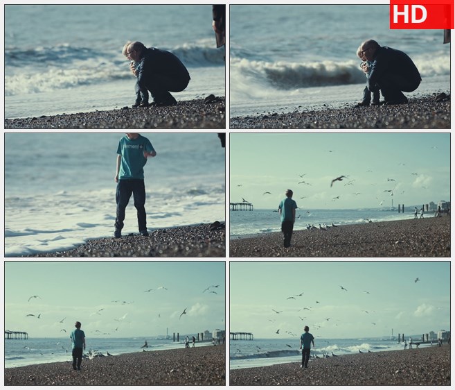 ZY1306海边老人和小孩奔跑玩耍高清实拍视频素材