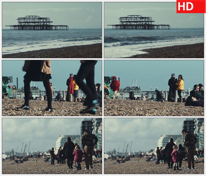ZY1321海滩边沙滩浪花游人玩耍旅行高清实拍视频素材