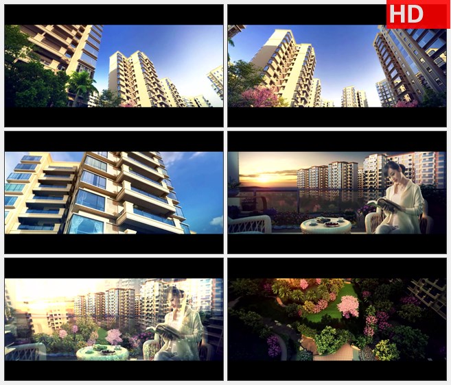 ZY1380三维动画建筑高层楼房小区休闲花园树高清视频素材