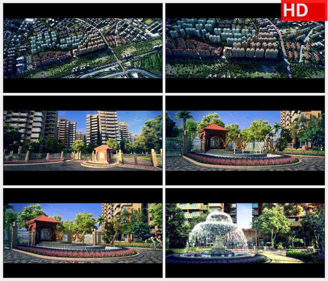 ZY1381三维动画建筑楼群喷泉小区景观高清视频素材