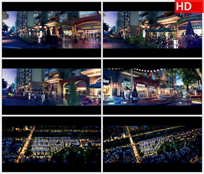 ZY1382三维动画建筑夜景街道商铺步行街俯瞰全景高清视频素材