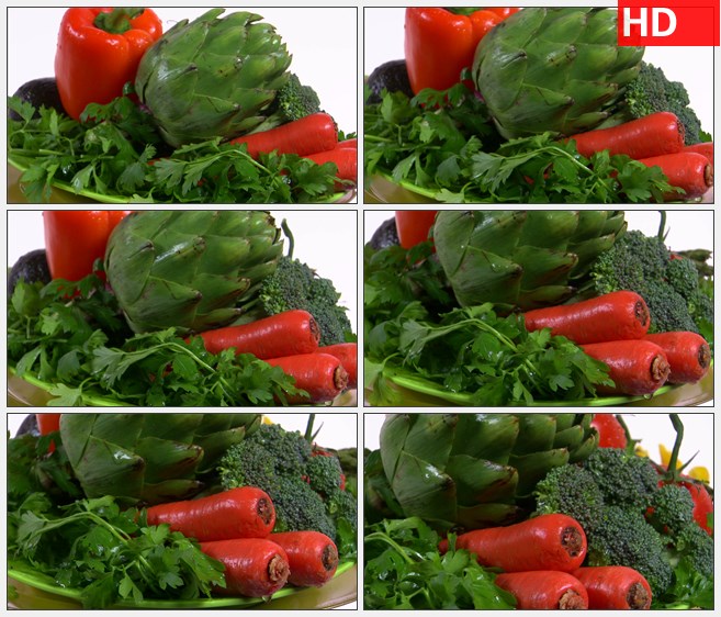 ZY1583放大在绿色什锦蔬菜盘旋转西兰花胡萝卜辣椒香菜高清实拍视频素材