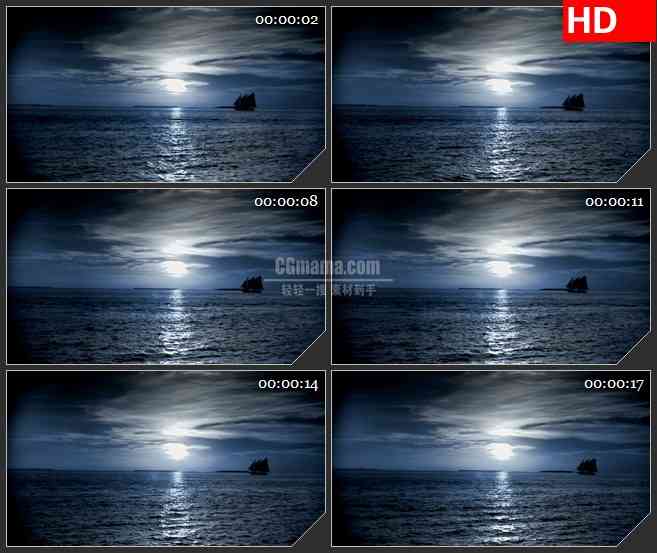 BG3471月光下的海平面 帆船led大屏背景高清视频素材