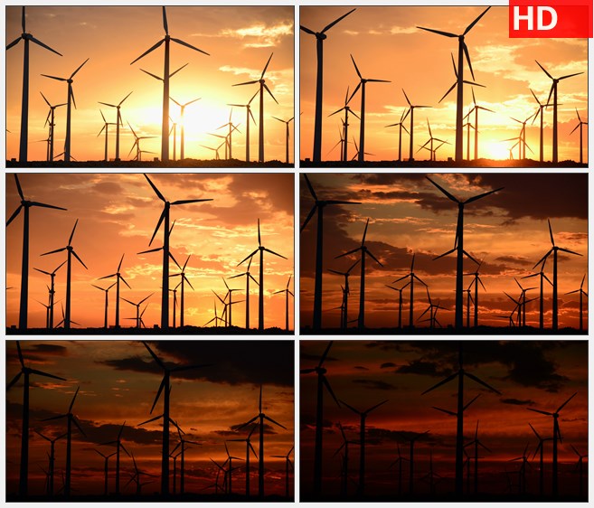 ZY1613黄昏日落时风电场风车快速转动的景象高清实拍视频素材
