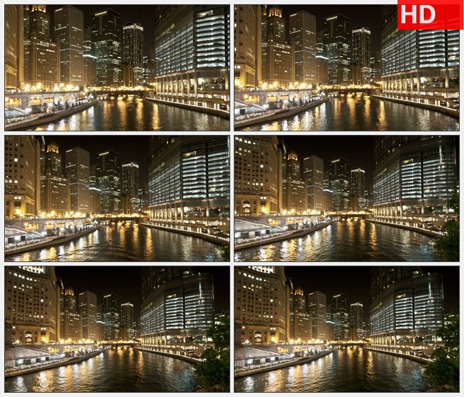 ZY1755缩小灯火通明繁华城市芝加哥河夜晚车流行船延时摄影高清实拍视频素材