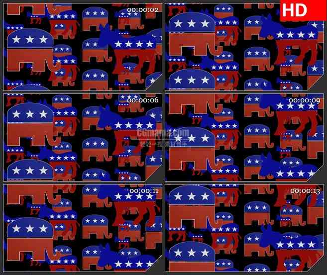 BG4062滚动的政治模式大象和驴黑色背景带透明通道led大屏背景高清视频素材