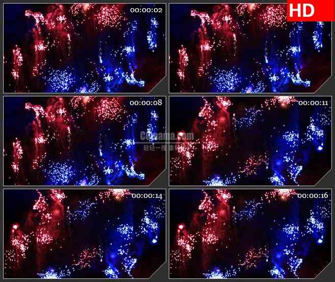 BG4611红色和蓝色的烟火火花绽放黑色背景led大屏背景高清视频素材